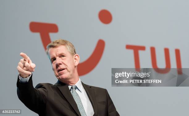 The CEO of German tourism giant TUI Friedrich Joussen gestures at the start of their annual shareholders meeting on February 14, 2017 in the northern...