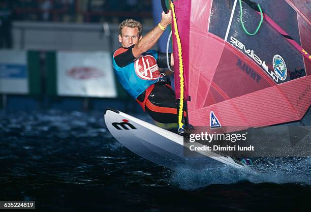 American windsurfer Robby Naish performs in an indoor super funboard event in Palais Omnisports Paris Bercy.