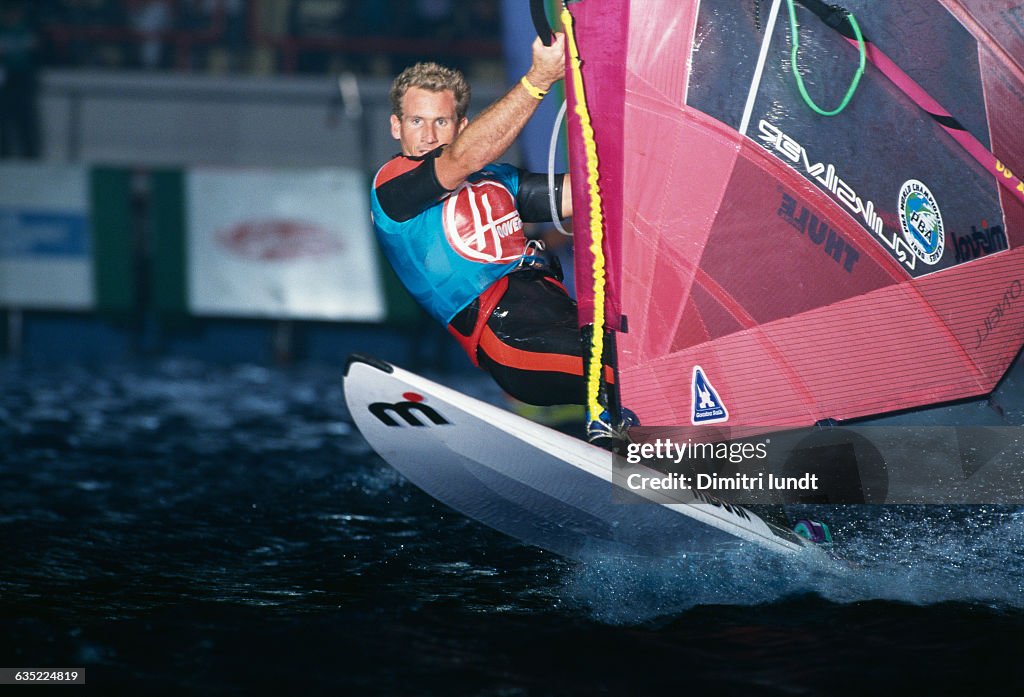 American windsurfer Robby Naish performs in an indoor super funboard