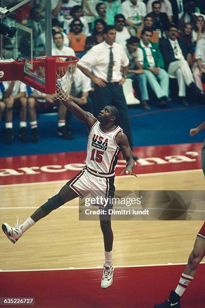 Earvin "Magic" Johnson from USA during the final of the men's basketball tournament at the 1992 Olympics against Croatia. USA won 117-85. | Location:...