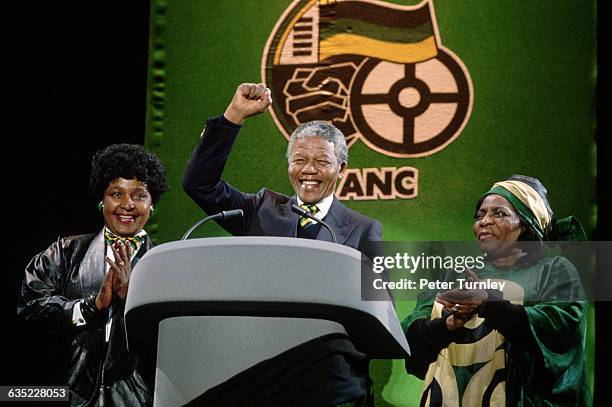 African National Congress Leader Nelson Mandela at Wembley with his wife Winnie and ANC activist Adelaide Tambo in occasion of the 'Nelson Mandela:...