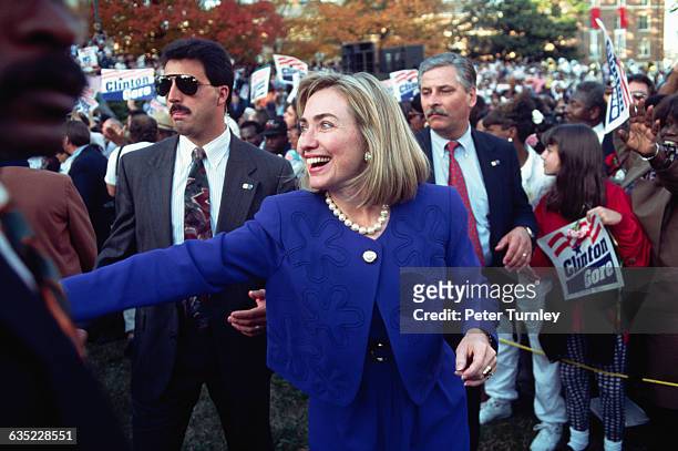 Hillary Clinton waves to the crowds at a 1992 rally for her husband's presidential campaign in North Carolina.