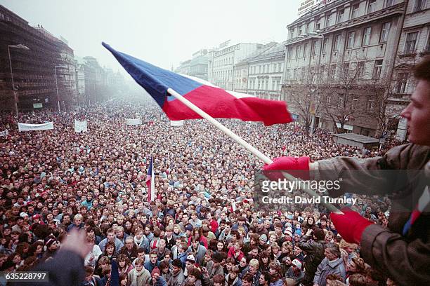 Citizens of Prague, Czechoslovakia turn out by the thousands in November 1989 to protest the Communist regime led by General Secretary Milos Jakes....