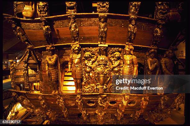 The seventeenth century Swedish warship, Vasa, is decorated with gold statuettes and intricate designs.