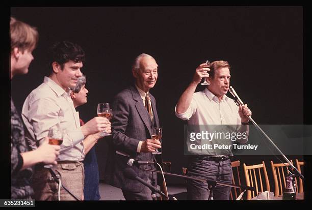 Alexander Dubcek and Vaclav Havel are joined by other Czechoslovakian politicians as they toast the resignation of the Communist politburo in...
