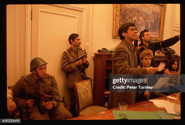 Romanian revolutionaries occupy Nicolae Ceausescu's own office in December 1989, following his failed attempt to flee the country. Their attention is...