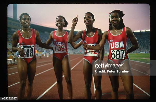Members of the American women's track team pose on the track at the 1986 Goodwill Games, the very first year of the games, which were founded by...
