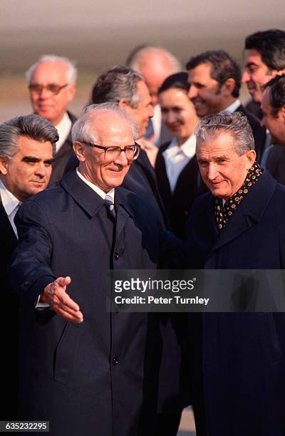 Erich Honecker welcomes Nicolae Ceausescu to East Berlin for celebrations of East Germany's 40th anniversary in 1989.