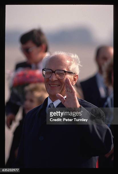 East German Head of State Erich Honecker Waves to a Berlin Crowd.