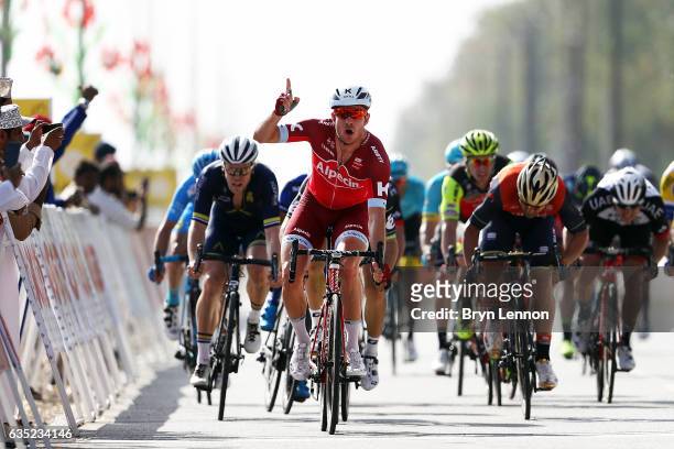 Alexander Kristoff of Norway and Team Katusha celebrates winning stage one of the 8th Tour of Oman, a 176.5km stage from Al Sawadi Beach to Naseem...