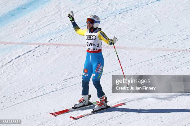 Maria Pietilae-Holmner of Sweden celebrates after defeating Tessa Worley of France in the semi finals of the Alpine Team Event during the FIS Alpine...