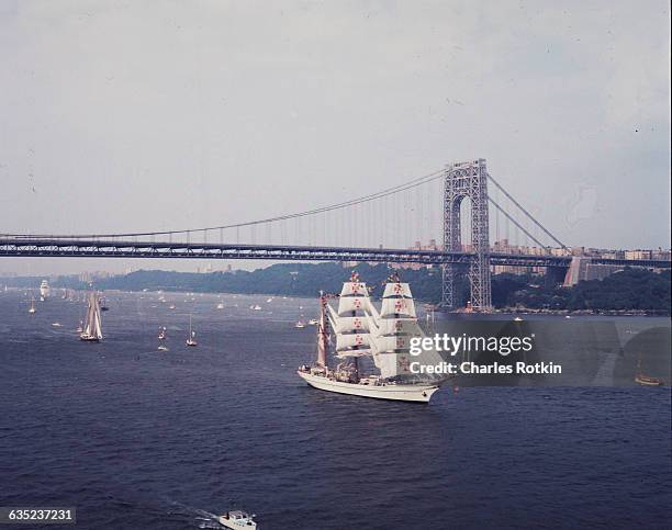 Portuguese tall ship, the Sagres II, sails into New York harbor for the Bicentennial celebration on July 4, 1976.
