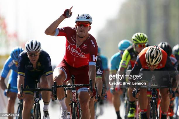 Alexander Kristoff of Norway and Team Katusha Alpecin celebrates winning stage one of the 8th Tour of Oman, a 176.5km stage from Al Sawadi Beach to...