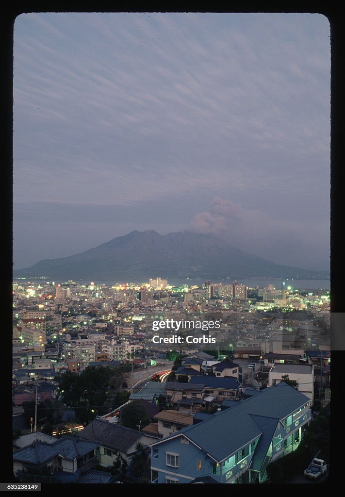 Active Volcano by a Japanese City