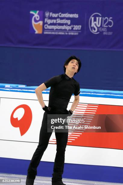 Yuzuru Hanyu of Japan in action during a practice session ahead of the ISU Four Continents Figure Skating Championships at Gangneung Ice Arena on...