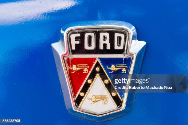 Ford brand name logo in old classic American car still running in Cuban streets.