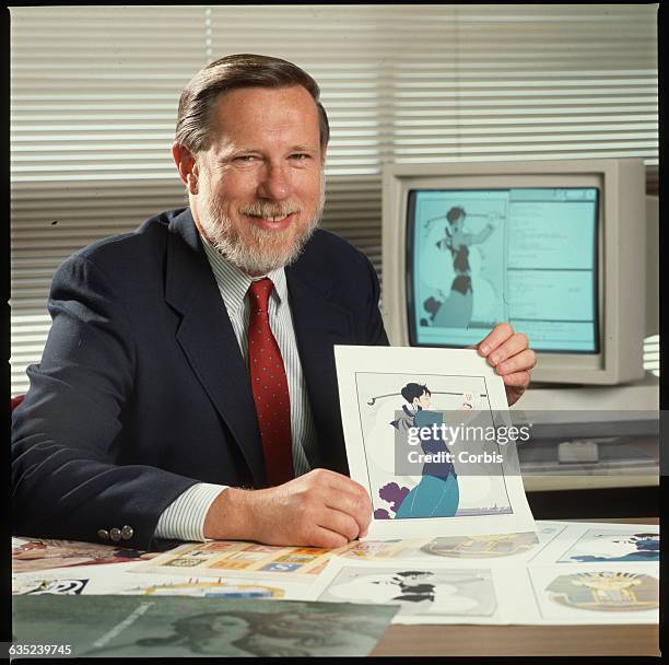 Charles Greschke, vice president of Adobe, shows off a drawing from the company's computer software.