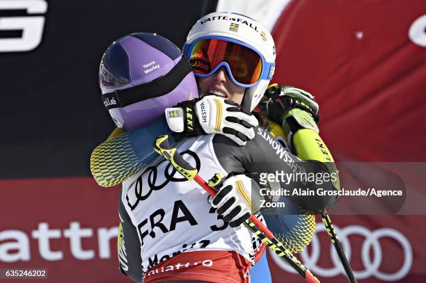 Maria Pietilae-holmner of Sweden competes, Tessa Worley of France celebrates during the FIS Alpine Ski World Championships Nation Team Event on...