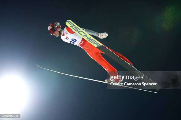 Taku Takeuchi of Japan jumps during training for the 2017 FIS Ski Jumping World Cup test event For PyeongChang 2018 at Alpensia Ski Jumping Center on...