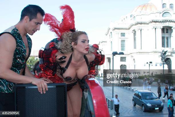 Mexican Actress Niurka Marcos rides around the city in a touristic bus promoting the play Aventura on February 09, 2017 in Mexico City, Mexico. .