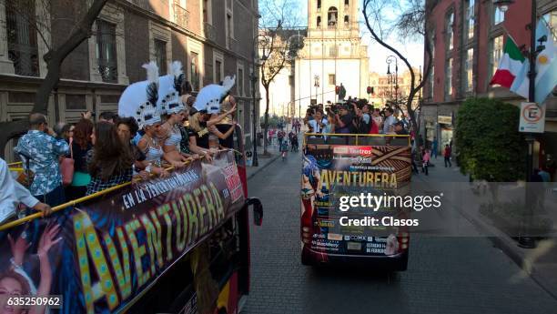 Cast of the play Aventura ride around the city in a touristic bus promoting their play on February 09, 2017 in Mexico City, Mexico. .