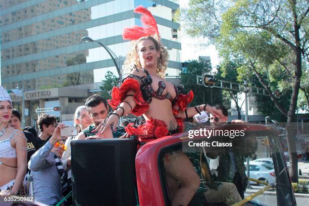 Mexican Actress Niurka Marcos rides around the city in a touristic bus promoting the play Aventura on February 09, 2017 in Mexico City, Mexico. .