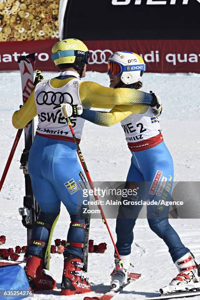 Maria Pietilae-holmner of Sweden celebrates, Mattias Hargin of Sweden win the bronze medal during the FIS Alpine Ski World Championships Nation Team...