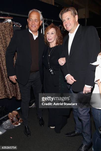Nail polish designer Deborah Lippmann poses with designers Mark Badgley and James Mischka backstage for the Badgley Mischka collection during, New...