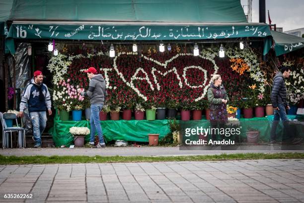 Florist shop decorated with white roses reads "Ti Amo" on Valentine's Day in Tunis, Tunisia on February 14, 2017.