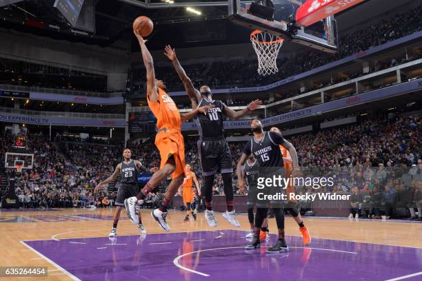 Brandon Knight of the Phoenix Suns shoots against Ty Lawson of the Sacramento Kings on February 3, 2017 at Golden 1 Center in Sacramento, California....