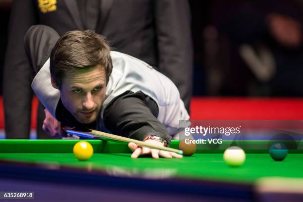 David Gilbert of England plays a shot in his first round match against Ryan Day of Wales on day one of the 2017 Coral Welsh Open at the Motorpoint...