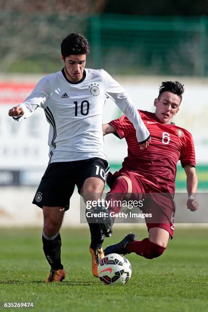 Elias Abouchabaka of Germany U17 challenges Afonso Sousa of Portugal U17 during the U17 Algarve Cup Tournament Match between Portugal U17 and germany...