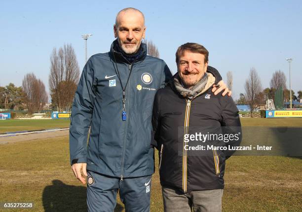Internazionale Milano coach Stefano Pioli and Giacomo Poretti at the club's training ground Suning Training Center in memory of Angelo Moratti on...
