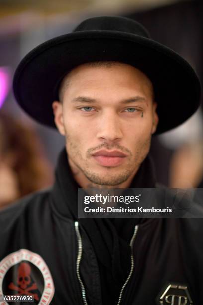 Model Jeremy Meeks prepares backstage for the Philipp Plein Fall/Winter 2017/2018 Women's And Men's Fashion Show at The New York Public Library on...