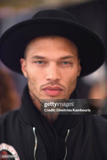 Model Jeremy Meeks prepares backstage for the Philipp Plein Fall/Winter 2017/2018 Women's And Men's Fashion Show at The New York Public Library on...