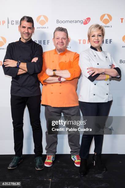Spanish chefs Paco Roncero, Alberto Chicote and Susi Diaz present the 'Top Chef' TV Show at Kitchen Club on February 14, 2017 in Madrid, Spain.