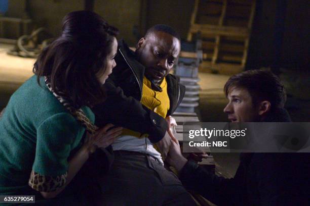 The Red Scare" Episode 115 -- Pictured: Abigail Spencer as Lucy Preston, Malcolm Barrett as Rufus Carlin, Matt Lanter as Wyatt Logan --