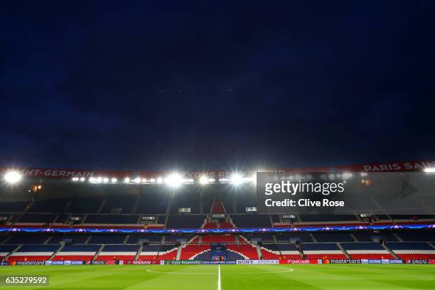 General view of the stadium before the UEFA Champions League Round of 16 first leg match between Paris Saint-Germain and FC Barcelona at Parc des...