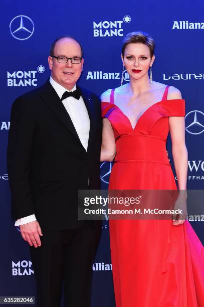 Prince Albert II of Monaco and his wife Charlene,Princess of Monaco attend the 2017 Laureus World Sports Awards at the Salle des Etoiles,Sporting...