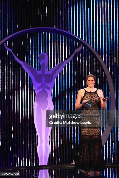 Laureus Ambassador Missy Franklin on stage to announce the Laureus World Sportswoman of the Year Award during the 2017 Laureus World Sports Awards at...