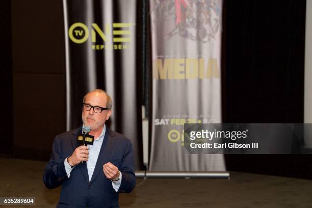 Brad Siegel speaks to the audience at the Premiere Of TV One's "Media" at Pacific Design Center on February 13, 2017 in West Hollywood, California.
