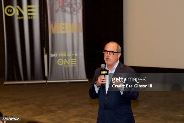 Brad Siegel speaks to the audience at the Premiere Of TV One's "Media" at Pacific Design Center on February 13, 2017 in West Hollywood, California.
