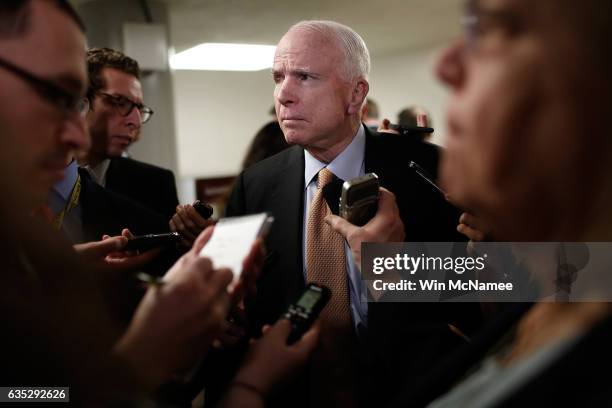 Sen. John McCain speaks with reporters on the resignation of National Security Advisor Michael Flynn at the U.S. Capitol on February 14, 2017 in...