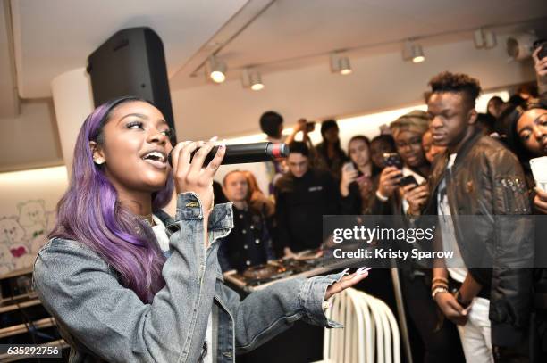 Justine Skye performs during the Boy Meets Girl x Care Bears Collection at Colette on February 14, 2017 in Paris, France.