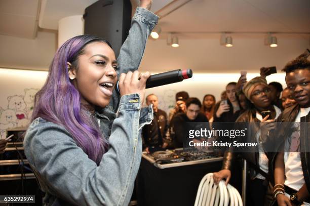 Justine Skye performs during the Boy Meets Girl x Care Bears Collection at Colette on February 14, 2017 in Paris, France.