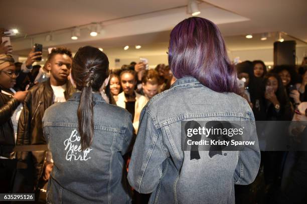 Stacy Igel and Justine Skye speak during the Boy Meets Girl x Care Bears Collection at Colette on February 14, 2017 in Paris, France.