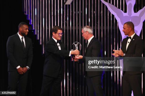 Manager Claudio Ranieri of and captain Wes Morgan accept the Laureus Spirit of Sport on behalf of Leicester City FC on stage from Laureus Ambassador...