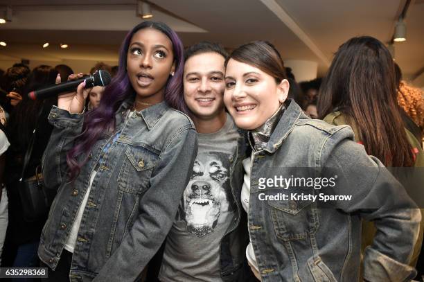 Justine Skye, Shah Munir and Stacy Igel pose during the Boy Meets Girl x Care Bears Collection at Colette on February 14, 2017 in Paris, France.