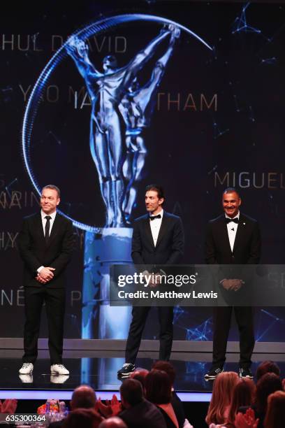 New Laureus Academy Members Sir Chris Hoy,Fabian Cancellara and Ruud Gullit on stage during the 2017 Laureus World Sports Awards at the Salle des...