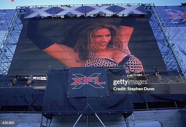 General view of a Los Angeles Xtreme cheerleader performing on the big video monitor before the game against the Chicago Enforcers at the L.A....